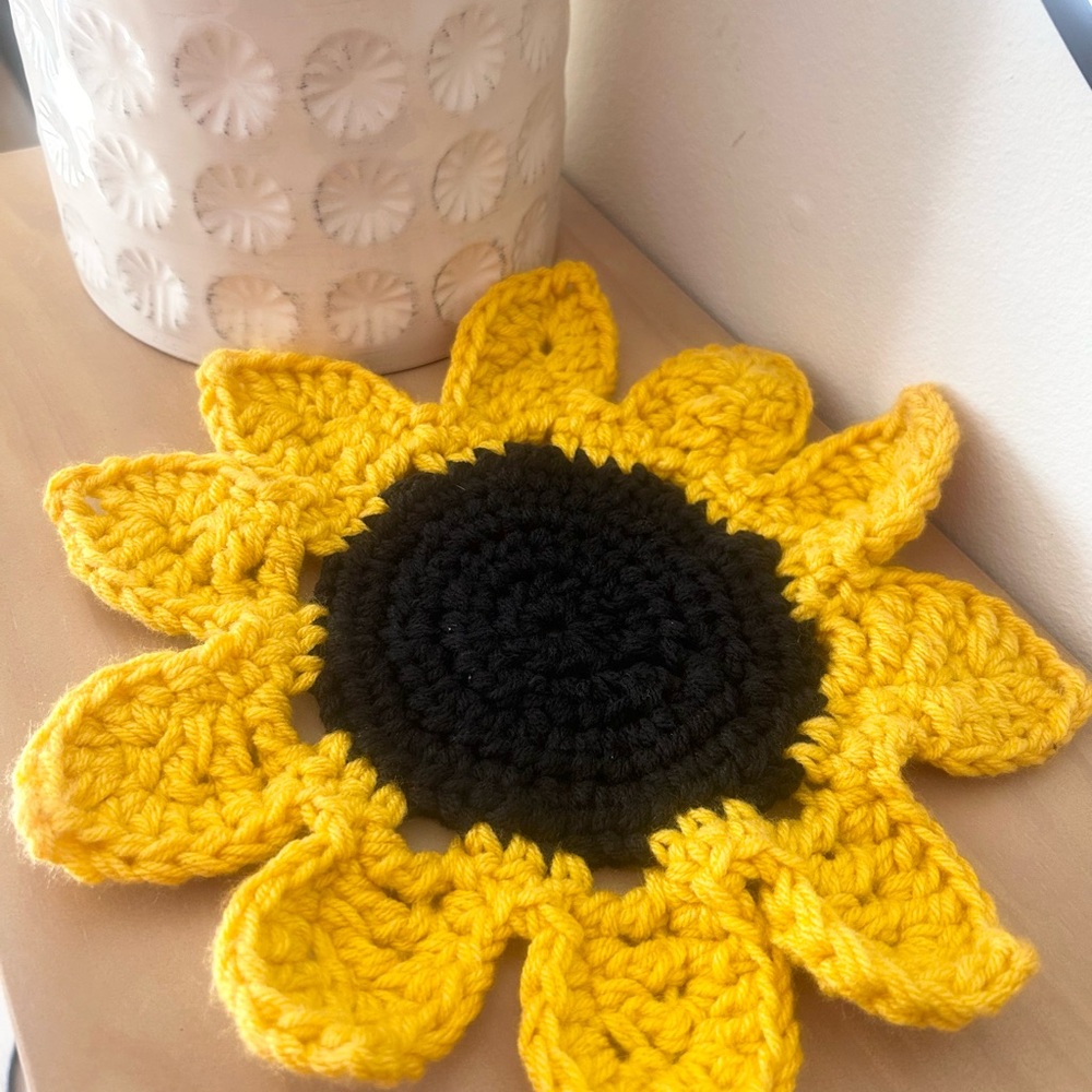 Handmade Crochet Sunflower Coaster Yellow Floral Cottagecore Table Decor